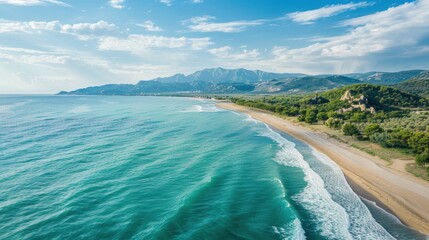 Aerial view of a pristine coastline with turquoise waters meeting rugged cliffs and sandy beaches, surrounded by lush greenery and rolling hills under a clear blue sky.