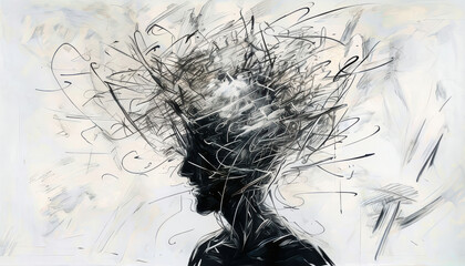 Chaotic scribbles and sketches burst from human figure head, symbolizing mental pressure and overwhelming thoughts. This artwork captures complexity of mind