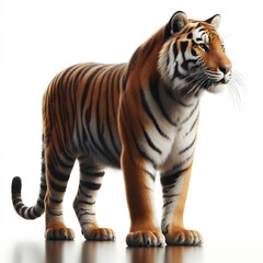 Obraz premium Tiger isolated on a white background, Side view, tiger standing full HD image generated by Ai. full body, realistic, full detail looking at the camera.