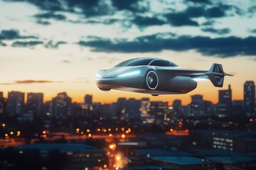 Futuristic flying car soaring above a city skyline at sunset, showcasing advanced technology and innovation.