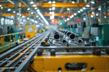 Naklejka premium Car engine cylinder heads on conveyor in shop