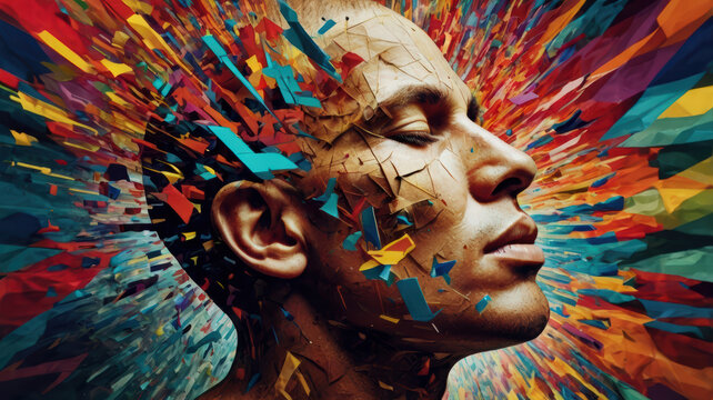 human head exploding into swirl of colorful thoughts and ideas, showcasing creativity and imagination. vibrant colors and dynamic shapes evoke sense of wonder and inspiration