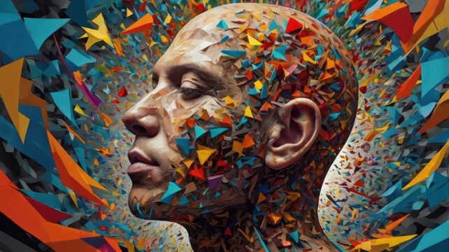 Human head exploding into swirl of colorful thoughts and ideas, showcasing vibrant explosion of geometric shapes and colors, representing creativity and imagination