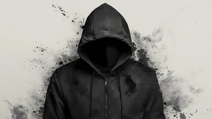 A black hooded jacket with a zipper closure. Erosion. Illustration