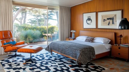 Mid century modern bedroom with wooden accents and a view