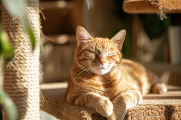 Fototapeta premium Cat enjoys lounging on scratching post sunbathing and relaxing with eyes closed on cat furniture