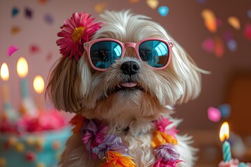Adorable Dog Wearing Pink Sunglasses and Flower Crown at Birthday Party with Cake and Candles