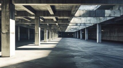 Concrete architecture with car park, empty cement floor.