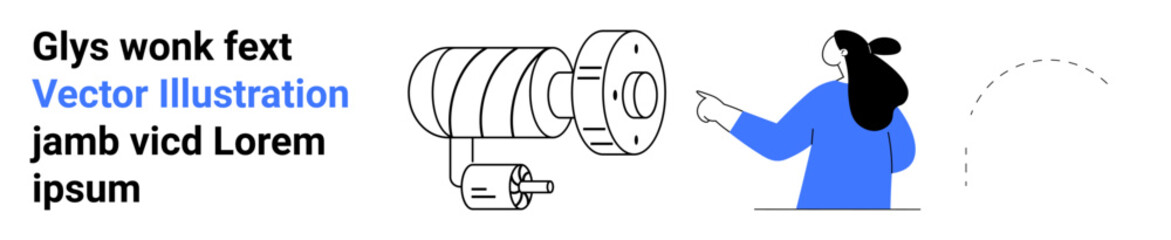 Woman pointing at mechanical component, highlighting design elements. Ideal for engineering tutorials, educational content, technical manuals, workshops, industry training, technology blogs