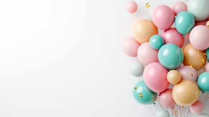 Bundle of balloons in pastel colors, minimal vector accents, bright white background