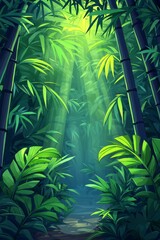Lush green bamboo forest with sunlight streaming through the canopy, creating a serene and tranquil atmosphere.