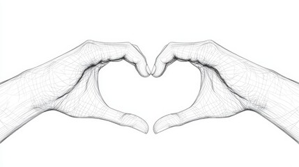 Fototapeta premium Illustrated hands forming a heart gesture, vector style, delicate lines, isolated on white, perfect for Valentine's cards