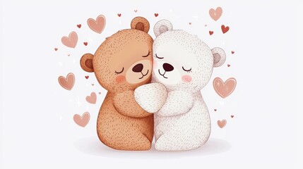Fototapeta premium Heartwarming vector of two bears hugging, pastel colors with a cute expression, surrounded by little hearts, isolated on white