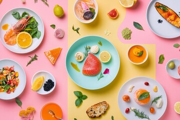 Vibrant seafood feast with colorful dishes, featuring salmon, shrimp, and fresh vegetables on pink and yellow backgrounds.