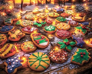 Fototapeta premium A vibrant display of festive holiday cookies on a rustic wooden table, adorned with lights and winter decorations.