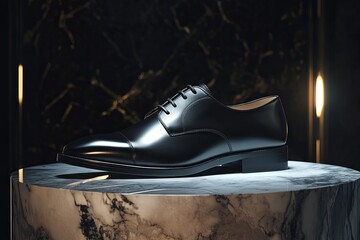 Elegant black leather dress shoe showcased on a marble pedestal in a stylish setting with dramatic lighting. Generative AI