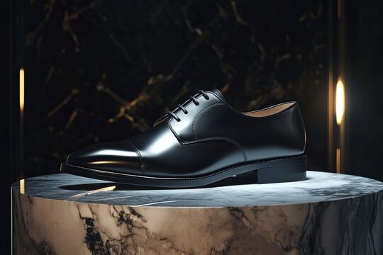 Elegant black leather dress shoe showcased on a marble pedestal in a stylish setting with dramatic lighting. Generative AI