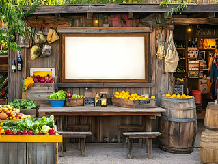 Billboard mockup - A rustic market stand displaying fresh produce and wooden barrels in a cozy setting.