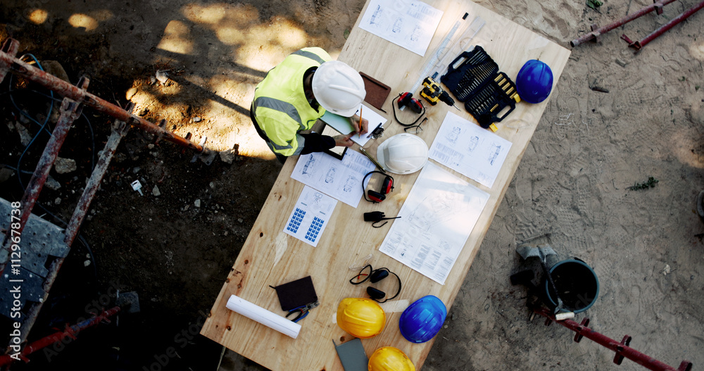 Aufkleber blueprint, architecture and man at table with clipboard, layout and inspection paperwork from above.
