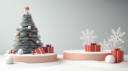 Winter season festive scene with Christmas tree, gifts on platforms. Minimalist 3D render Christmas decorations, presents on pastel colored bases. Abstract product display. Ideal for holiday sales,