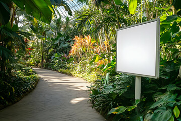 Billboard mockup - A serene path through a lush indoor garden, featuring a blank sign for information.
