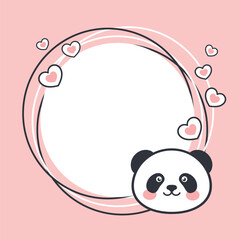 Cute round vector bannerwith copy space. Panda face and pink hearts on a pastel pink background.