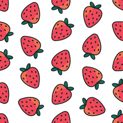 Strawberry vector seamless pattern. Red berries green leaves on white background.