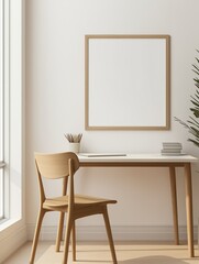 Modern home office interior design. Light wooden chair, desk near white wall with blank poster frame. Cozy living room workspace with empty frame. Interior design, home decor, Scandinavian style.