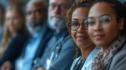 Obraz premium Group of diverse professionals in a conference room setting attending an important meeting with a focus on collaboration and innovation in the workplace