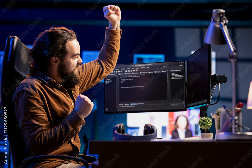 Poster ecstatic cybersecurity specialist celebrating after finding security vulnerabilities and preventing 