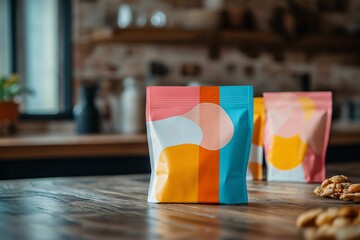 Vibrant, customizable snack packaging mockup displayed on a wooden table in a kitchen setting, ideal for showcasing product branding