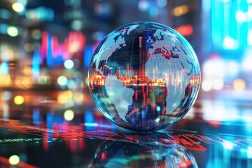 A glass sphere reflecting global stock market charts and city lights, representing the world of business in an advertising The globe is set against a backdrop of digital data streams Generative AI