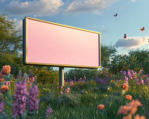 Billboard mockup - A blank billboard in a vibrant flower-filled landscape with butterflies and a serene sky.