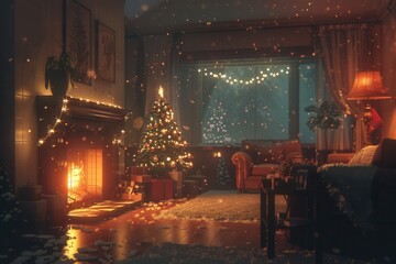 Cozy indoor Christmas setting with a beautifully decorated tree and a crackling fireplace in the evening