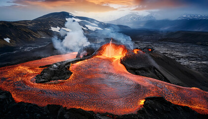 Naklejka premium Fiery lava flows down the slopes of a volcano, creating a mesmerizing spectacle against the backdrop of a dramatic sky