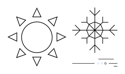 Simple line art with a sun symbol composed of a circle and triangles and a snowflake symbol formed with geometric lines and hexagons. Ideal for weather, climate, seasons, environment, nature