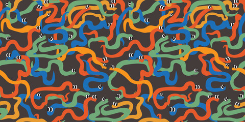 seamless pattern with colored snakes in doodle style in vector. Element for fabric print background wrapping banner textile packaging wallpaper