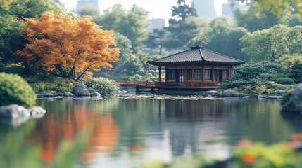 Tranquil Asian Garden with Serene Lake and Traditional Pavilion Surrounded by Vibrant Autumn Foliage and Urban Skyline in the Background