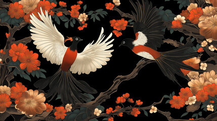 煌びやかな和柄と鳥のアート｜背景,日本,アジア,伝統美,豪華な壁紙