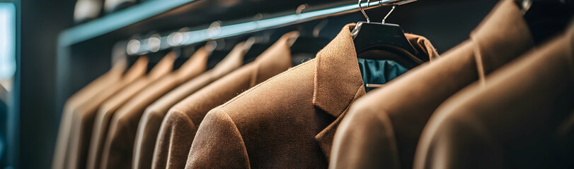 Obraz premium Clothing display with a luxurious men's brown suit, representing high-end business attire in a tailor's showroom -