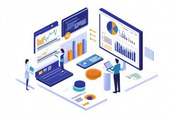 Business team analyzing financial data and developing new strategy on giant interactive screens and devices in isometric view