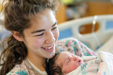 Obraz premium Happy young mother holding her newborn baby girl in the hospital, enjoying the precious moment