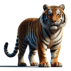Fototapeta premium Tiger isolated on a white background, Side view, tiger standing full HD image generated by Ai. full body, realistic, full detail looking at the camera.
