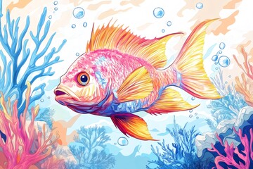 Fototapeta premium Vibrant illustration of a tropical fish surrounded by colorful corals and air bubbles, creating a captivating underwater scene