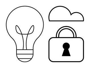 Light bulb symbolizing idea or innovation, cloud representing cloud storage or computing, and padlock illustrating security. Ideal for technology, innovation, cybersecurity, creativity, cloud