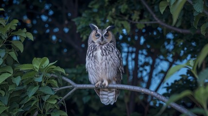 Obraz premium A large owl is perched on a tree branch in the dark. The owl is looking at the camera, and the scene is quiet and peaceful
