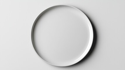 Plain ceramic plate, overhead perspective, smooth white texture, photorealistic detail, isolated on white background