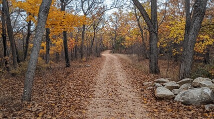 Fototapeta premium Winding autumn trail through colorful forest.