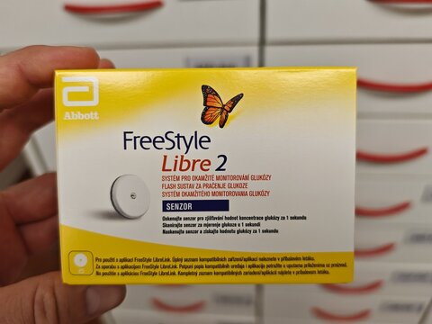 Prague,Czech Republic-October 9 2024: FreeStyle Libre 2 by ABBOTT is a continuous glucose monitoring system (CGM) designed for people with diabetes, providing real-time glucose readings and management