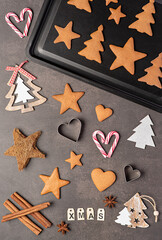Background photography of gingerbread, ginger biscuits, cookies, Christmas decoration, cinnamon, anise, candy cane, treat, preparation, merry season